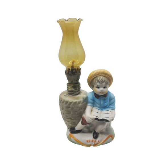 Vintage Porcelain Boy Reading Figurine Oil Lamp With Amber Glass Shade - Picture 1 of 5